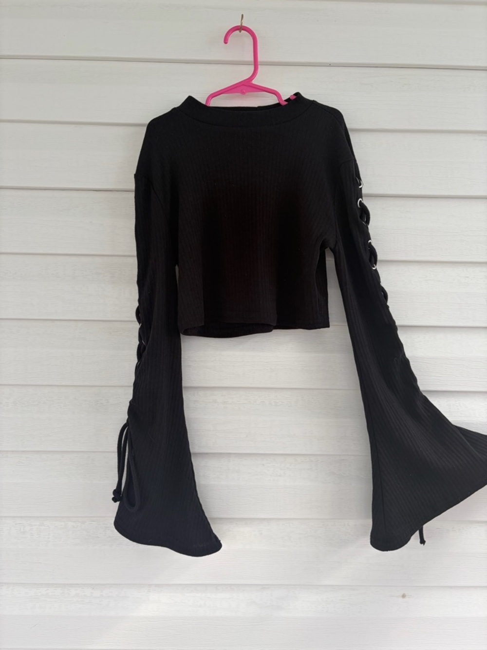 Whimsigoth Black Bell Sleeve Lace-Up Top Romantic Vampire Cottagecore Goth